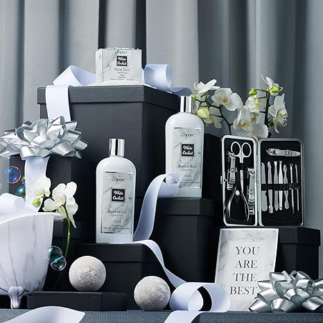 Spa Gifts for Women, Bath and Body Gift Set, White Orchid Self Care Gift Basket for Women Men Girlfriend Gifts for Mom, Spa Kit with Nail Kit, Bath Bombs & More Birthday Personalized Gifts