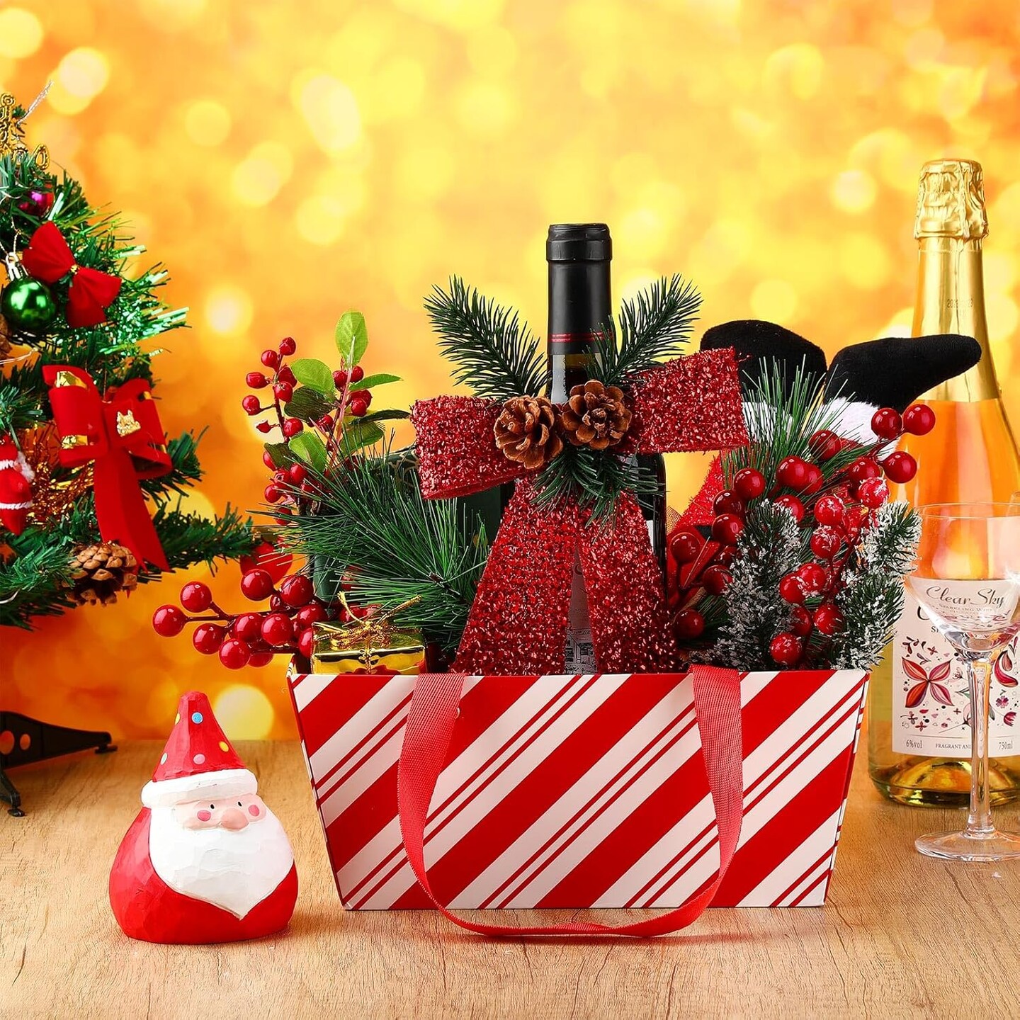 48 Pcs Christmas Basket for Gifts Empty Bulk Red White Candy Cane Design Party Gift Basket Kit with Handle DIY Market Tray for Gift Wrapping Holiday Present Display(9.8 x 6.5 x 4.3 in)