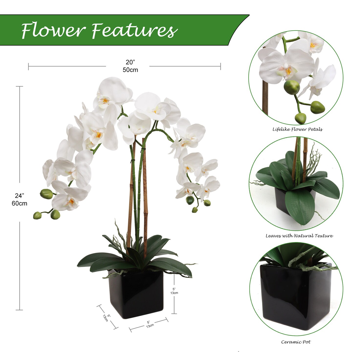 2 White Phalaenopsis in 5" Black Cube Pot, Elegant Orchid Arrangement, Perfect for Home, Office, and Event Décor, Floral Home by Artificial Flowers