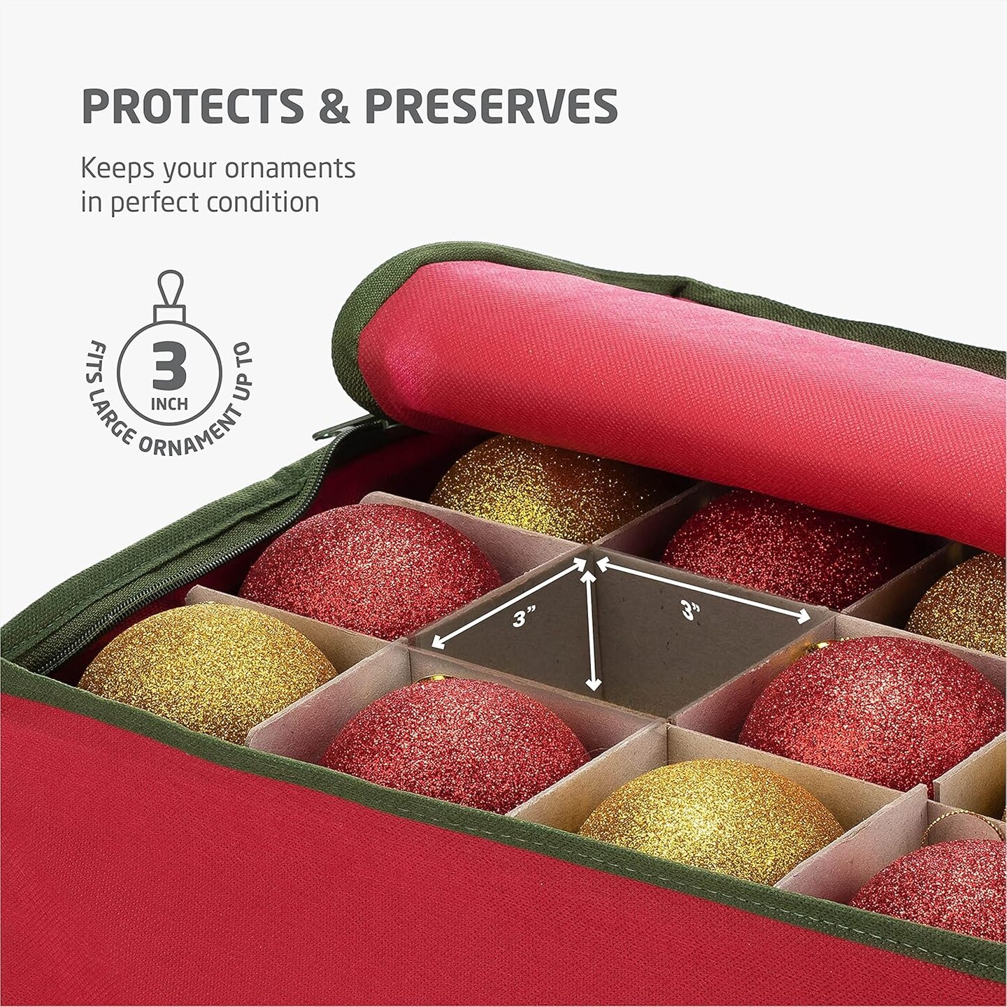 Christmas Ornament Storage Box - Stores 64 Ornaments W/Dual Zippers - Non-Woven, Tear- Proof Christmas Ornament Storage Containers - 3 Inch Cube Compartments - Red