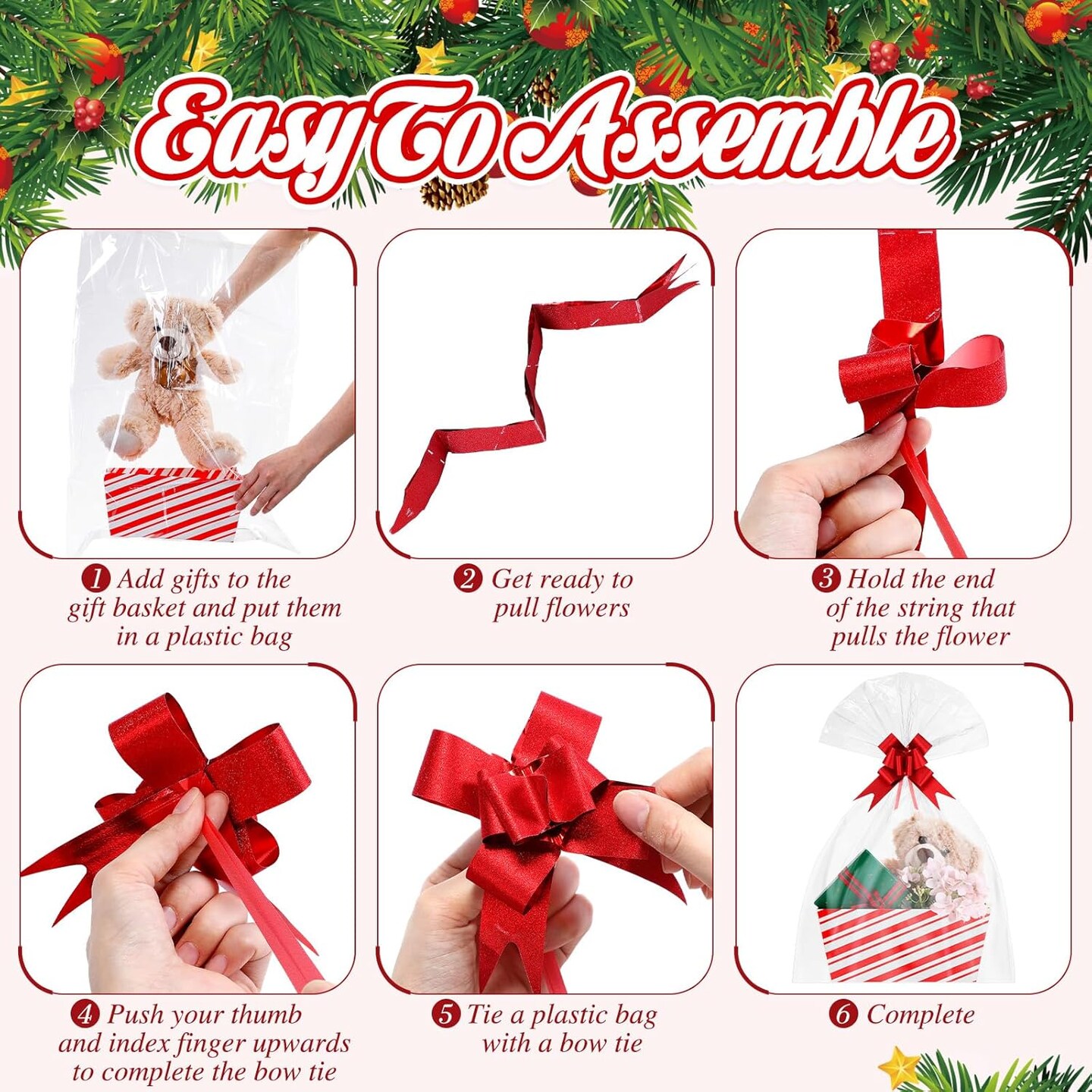24 Pcs Christmas Baskets For Gifts Empty Gift Basket Kit with 24 Plastic Bags and 24 Pull Bows DIY Gift Packages 9.8 x 6.5 x 4.3 Inch Cardboard Basket for Xmas Birthday (Red Green,Stripe Style)