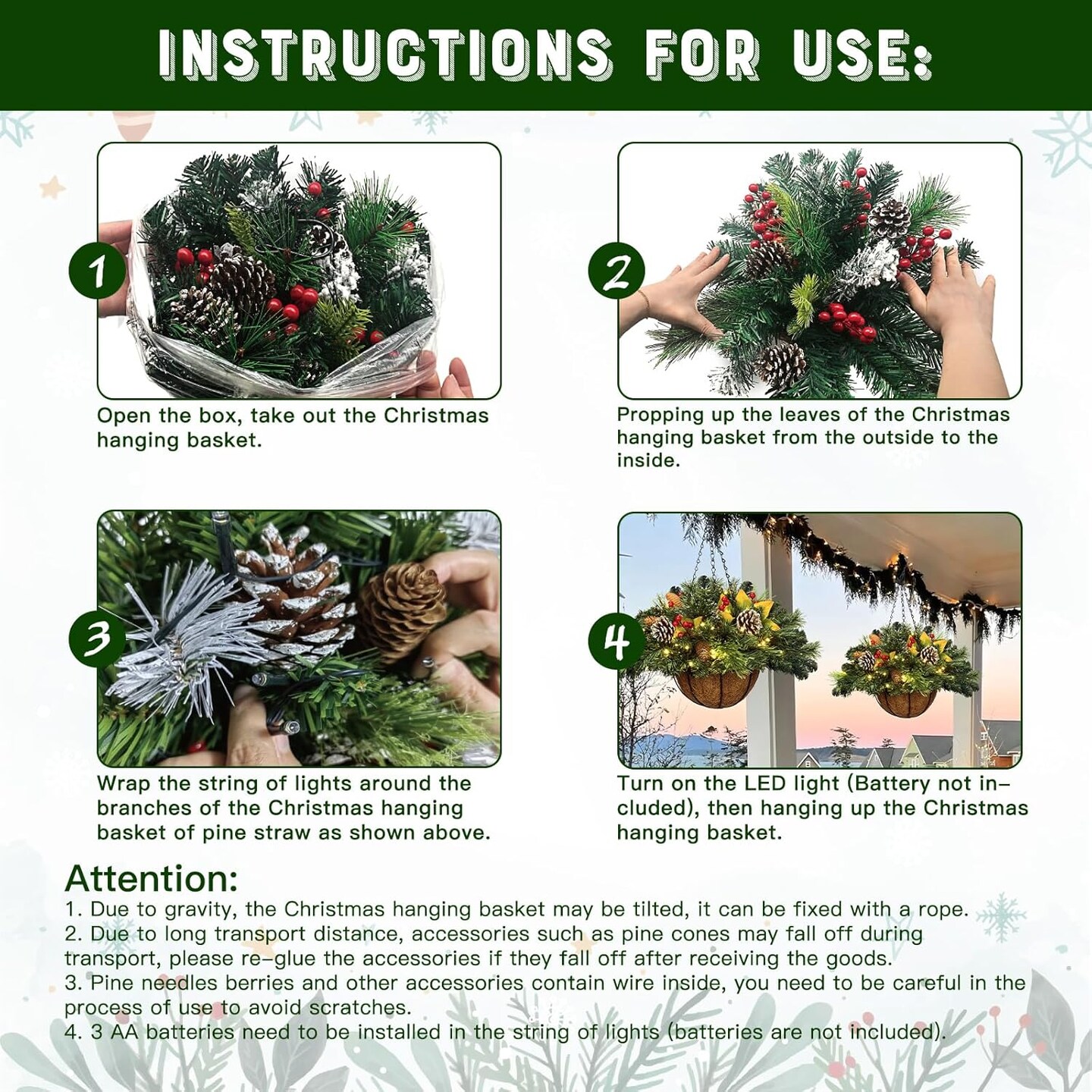 Artificial Christmas Hanging Basket, Decorated with Frosted Pine Cones, Berry Clusters, 30 LED Warm Lights,Christmas Outdoor Decorations for Front Porch Garden Yard Xmas Decor,20 Inches