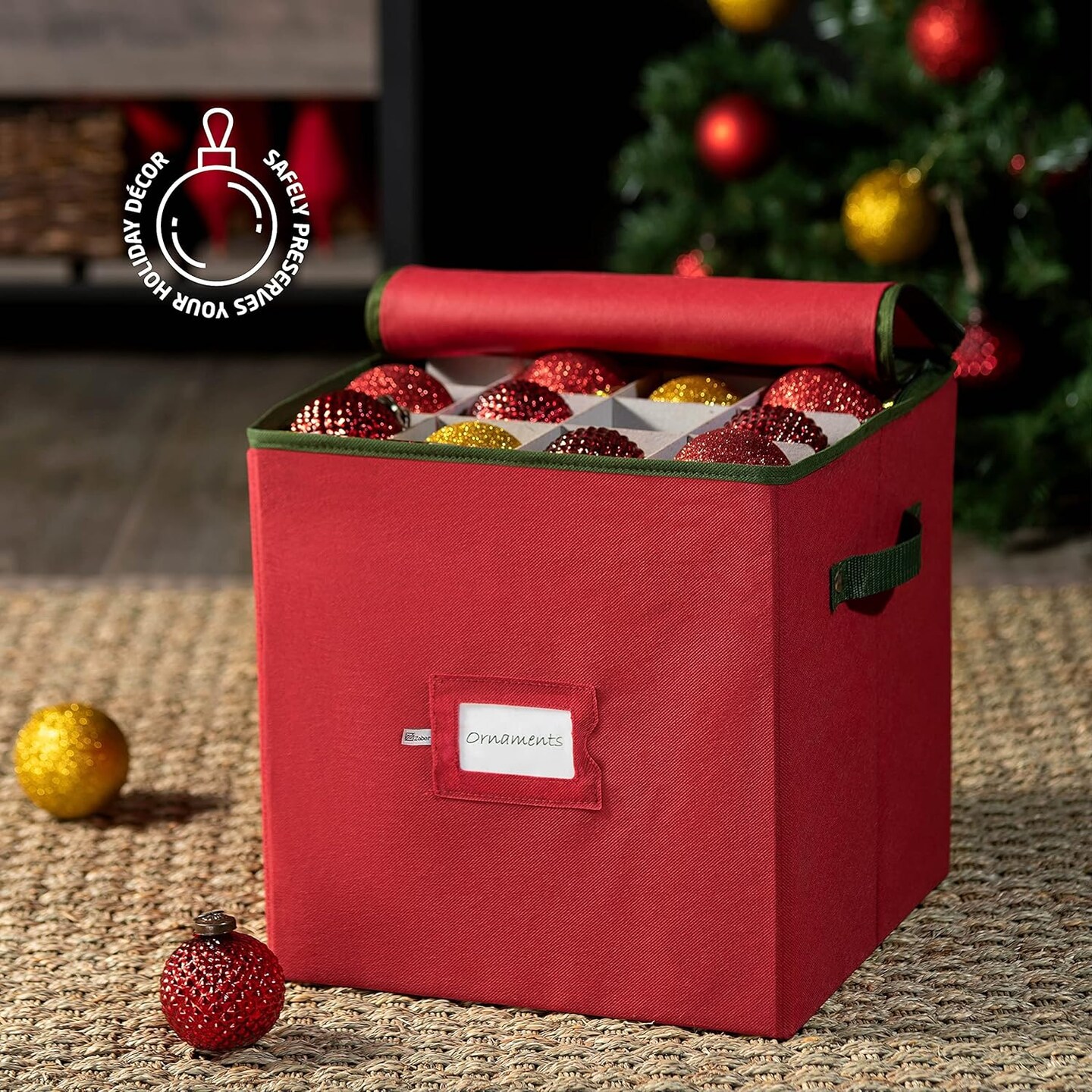 Christmas Ornament Storage Box - Stores 64 Ornaments W/Dual Zippers - Non-Woven, Tear- Proof Christmas Ornament Storage Containers - 3 Inch Cube Compartments - Red
