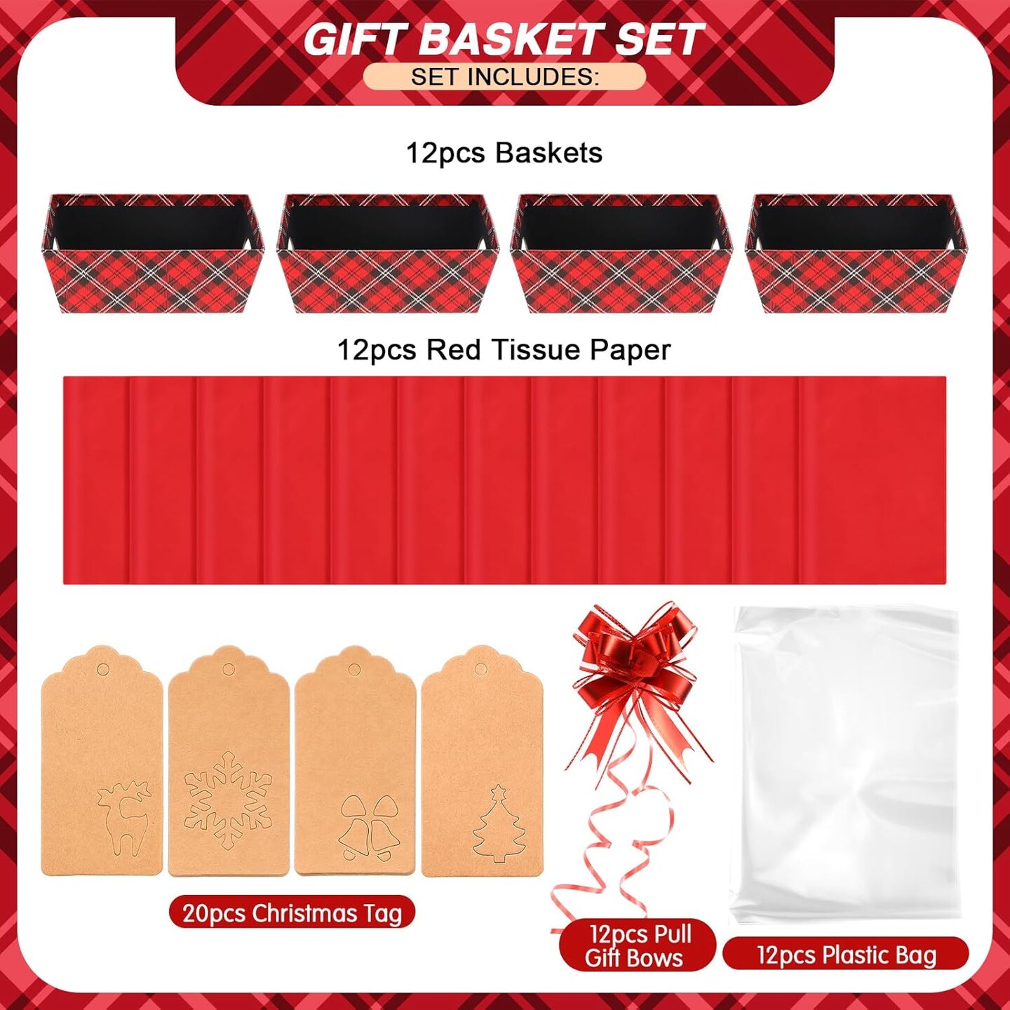 48 Pcs Christmas Buffalo Plaid Baskets for Gifts Empty with Handles DIY Kit Includes 12 Gift Baskets 12 Clear Gift Bags 12 Tissue Paper 12 Bows 12 Gift Tag for Christmas Holiday Birthday Gift