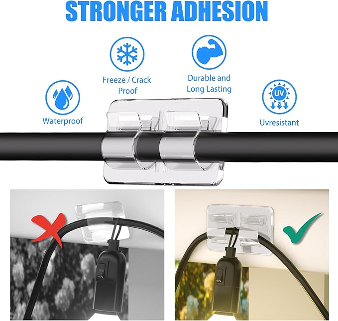 Hooks for Outdoor String Lights Clips: 25Pcs Heavy Duty Cable Clips with Waterproof Adhesive Strips for Hanging Christmas Light - Outside UV-Resistant Clear Sticky Cord Holders Rope Organizer