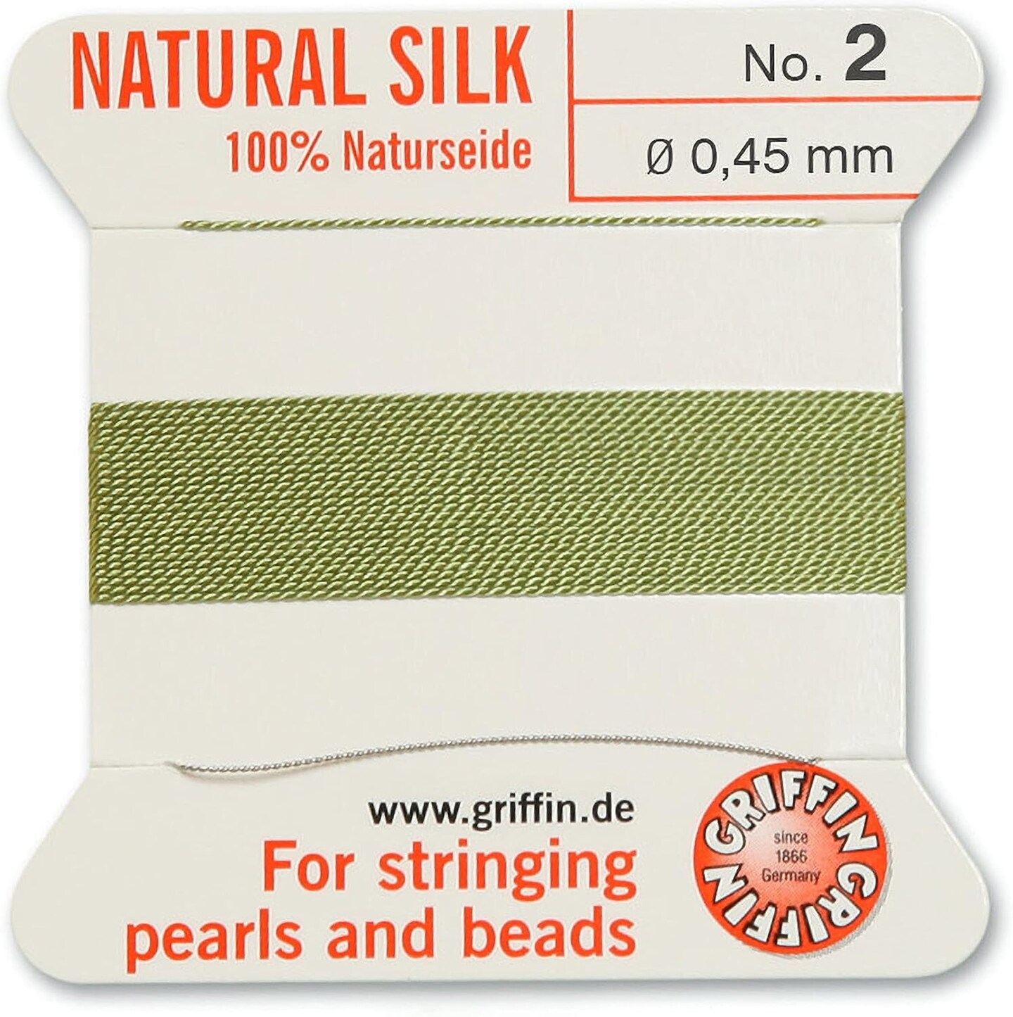 Griffin Silk Bead Cord Perlseide – Size 2 (0.45mm) – 2 Meters per Card – Stainless Steel Needle Attached – for Knotting Pearls, Gemstones, Crystals and Beads