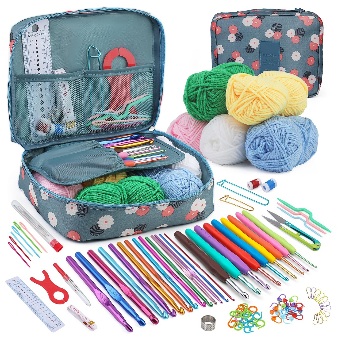 Crochet Kit for Beginners Adults, 107pcs Starters Knitting Kit Include Crochet Yarn, Ergonomic Crochet Hooks, Knitting Tool Supplies for Travel Craft DIY