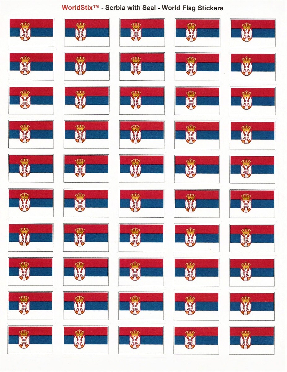 100 Serbia Flag Stickers, Two Sheets of 50, 1.5" x 1" Made in America Self Adhesive Country Flag Scrapbook Stickers, Two Sheets of 50, 100 Sticker Decal Flags