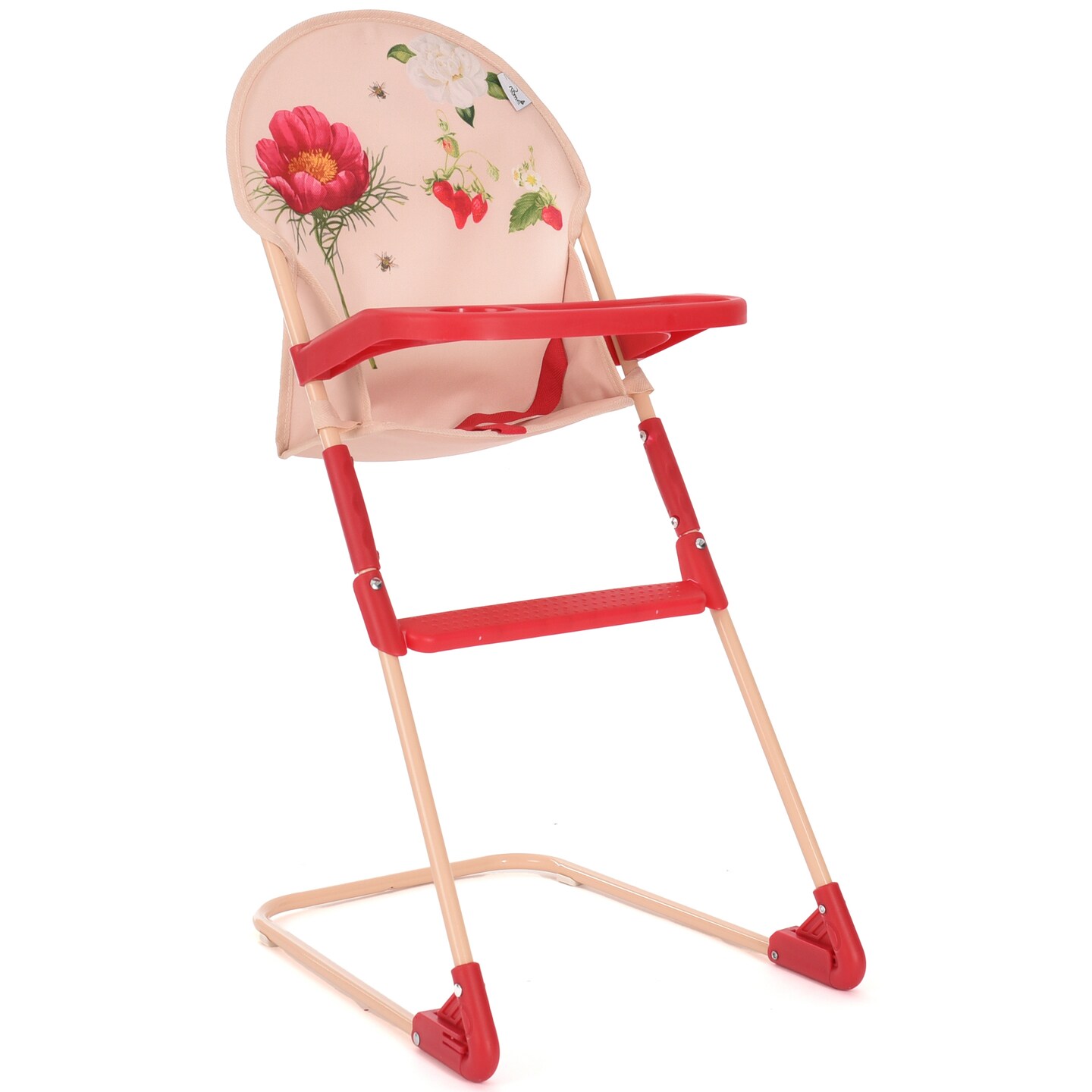 Roma Prams: RHS Doll Highchair - Flora - Cream & Red, Feeding Tray, Fabric Seat, Accessory For Dolls Up To 16.5", Easy Storage, Roleplay Toy, Kids 3+