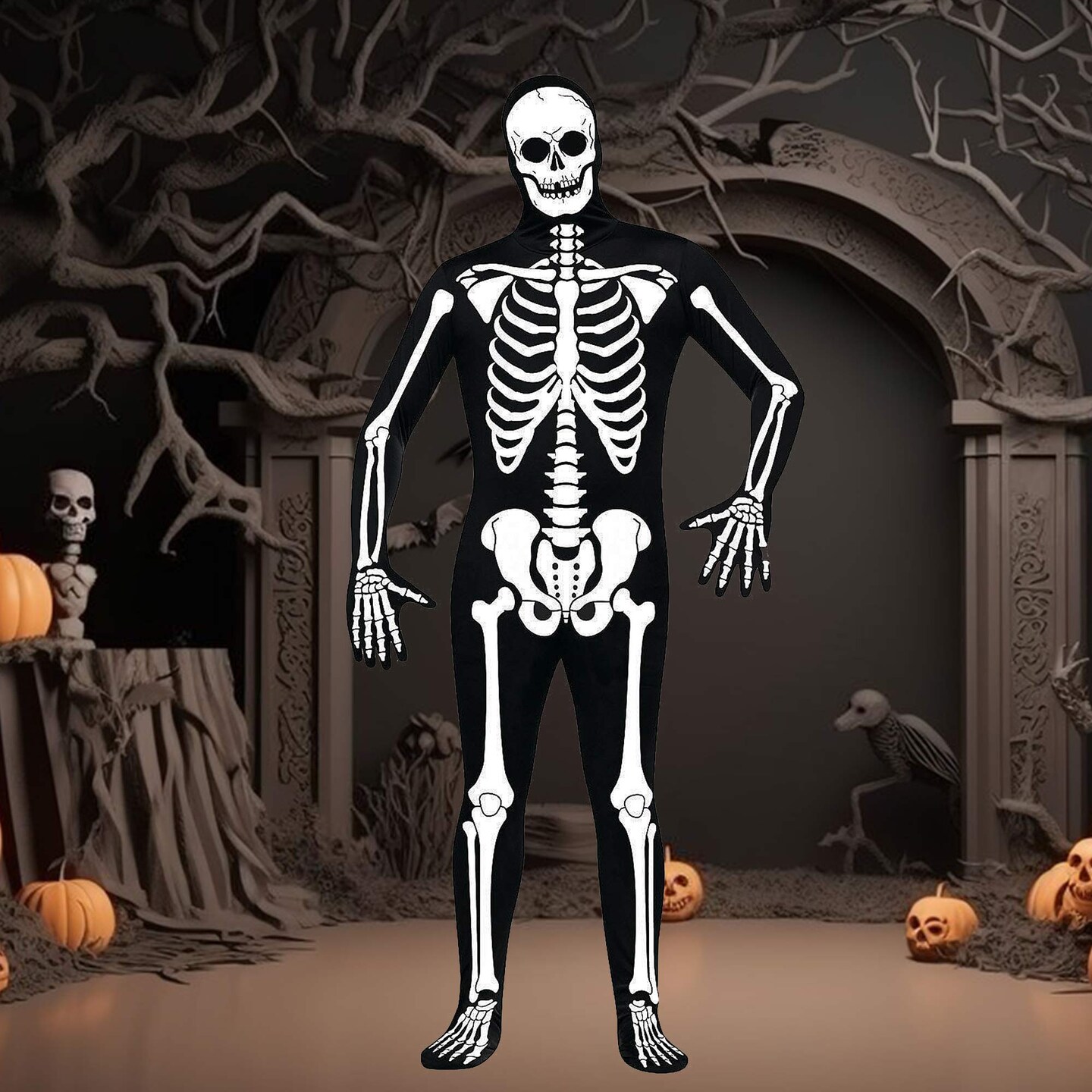 Boy&#x27;s Skull N Bones Morphsuit Costume with Full Hooded Skeleton Print Design
