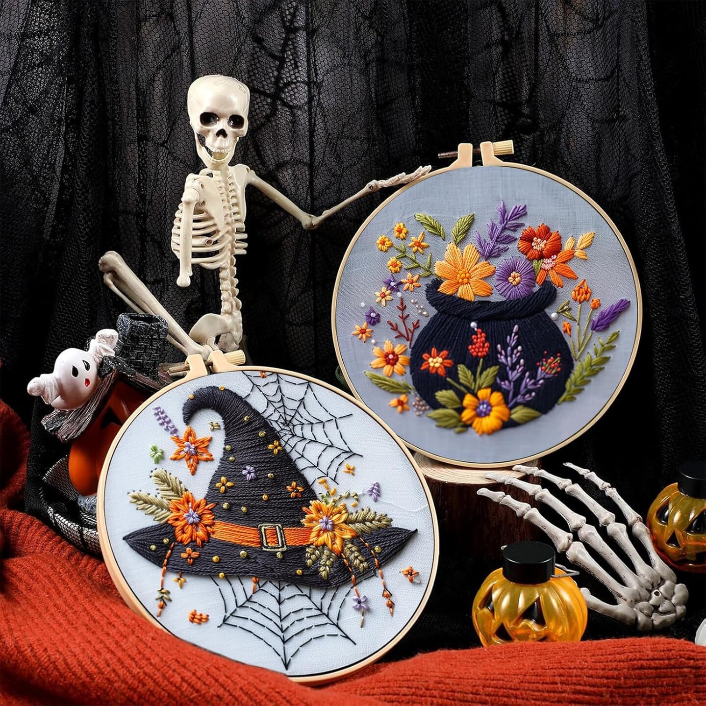 Halloween Embroidery Kit, Halloween Cross Stitch Kit, 4 Set, Adults, Unisex, 6 Inch, Non-Foldable