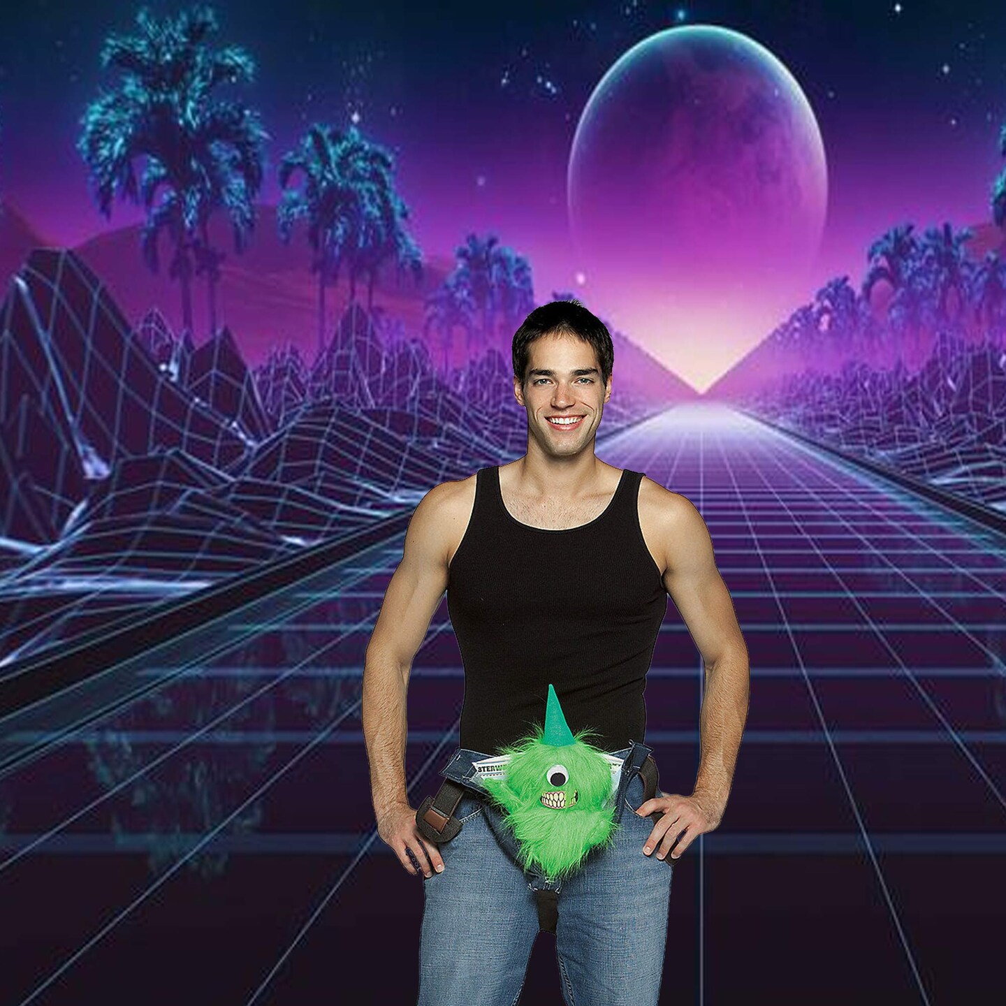 Furry Green One Eyed Monster, Costume Codpiece Funny Halloween Gag Wearable Accessory