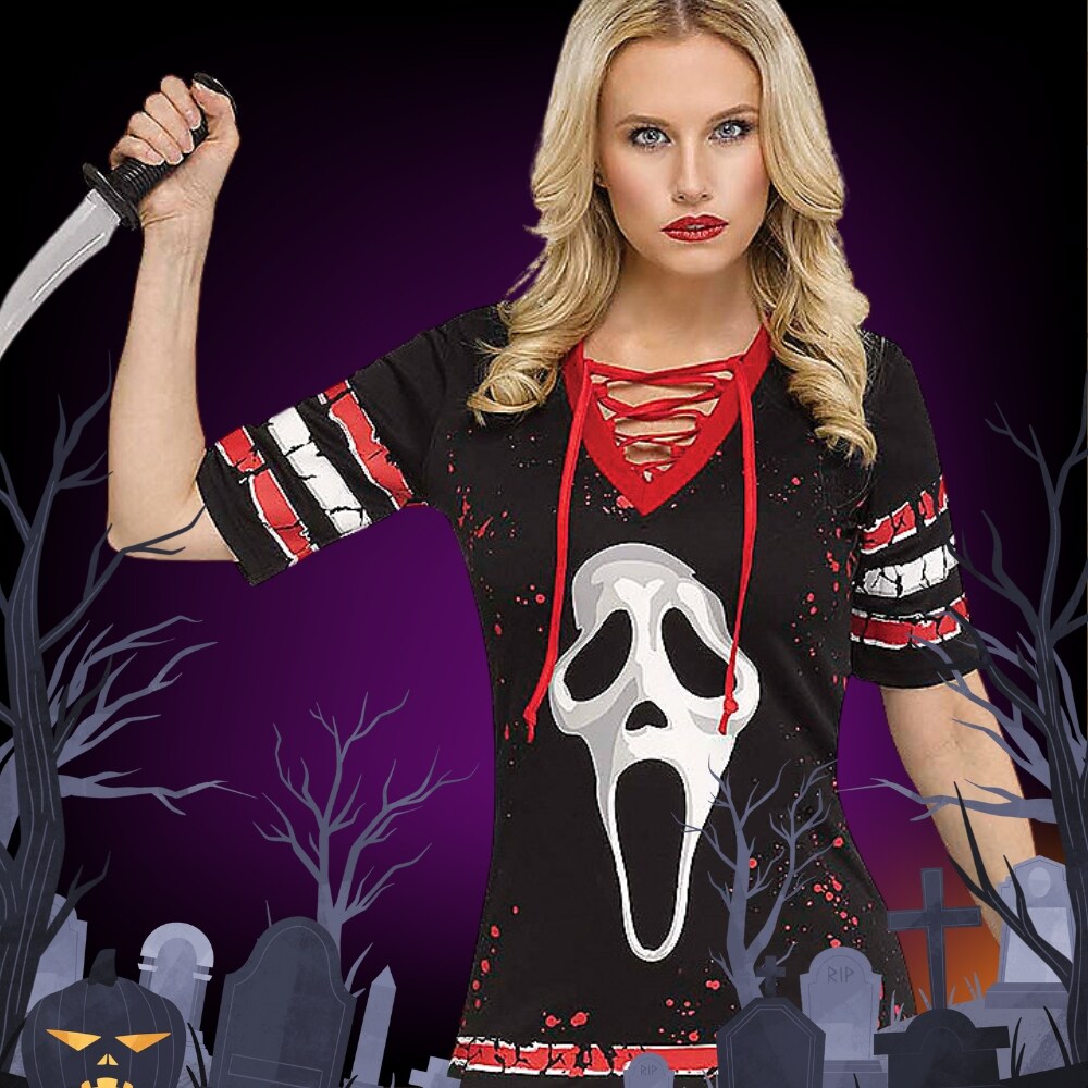 Adult Ghost Face Dress Costume Halloween V-Neck Iconic Mask Print