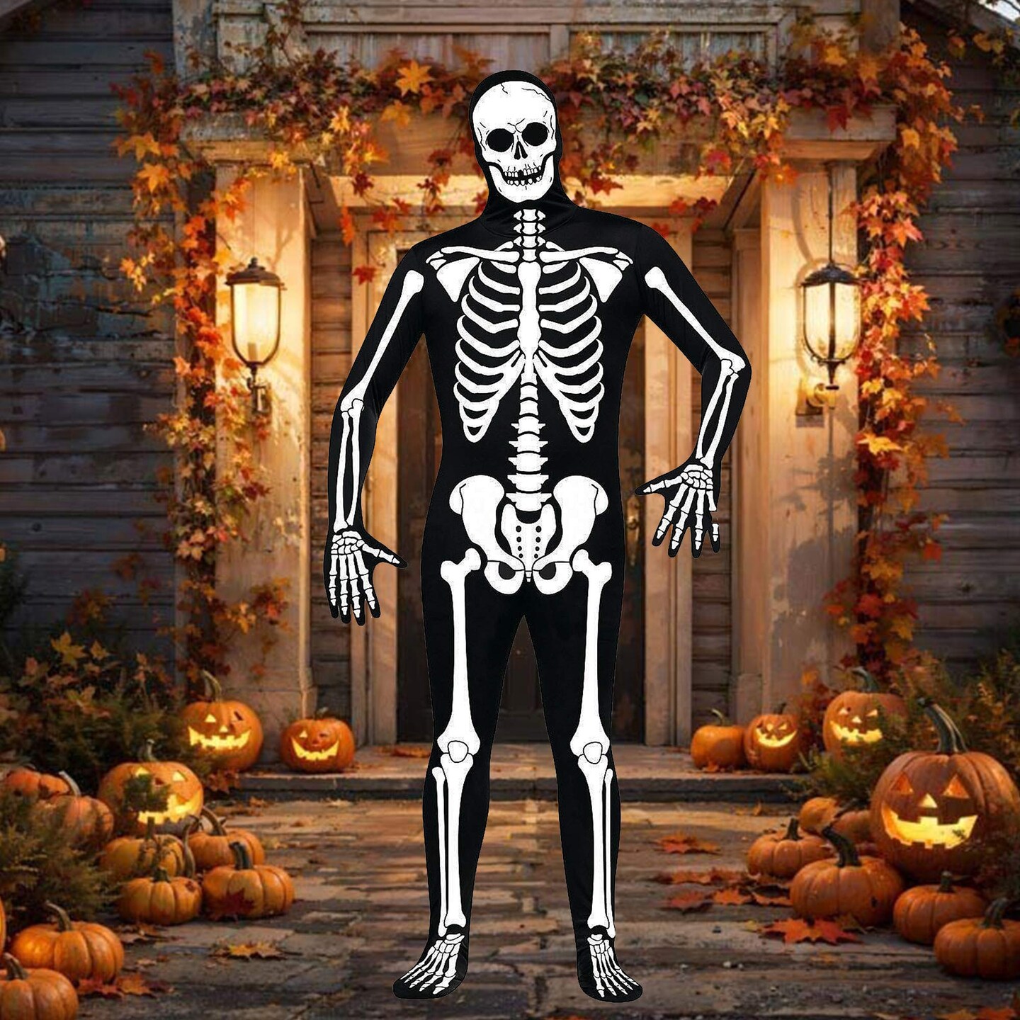 Boy&#x27;s Skull N Bones Morphsuit Costume with Full Hooded Skeleton Print Design