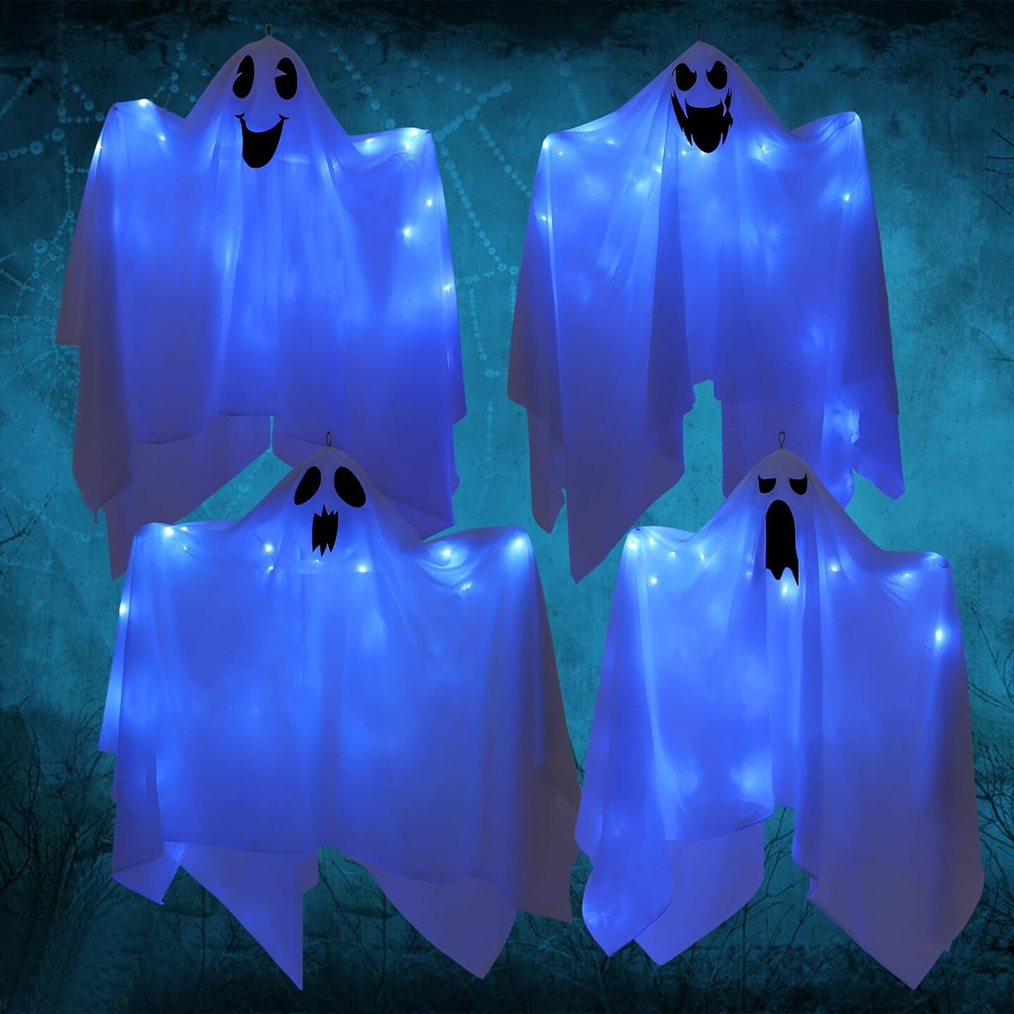 4 Pack Halloween Hanging Ghosts with Blue Lights - 27.5&#x22;