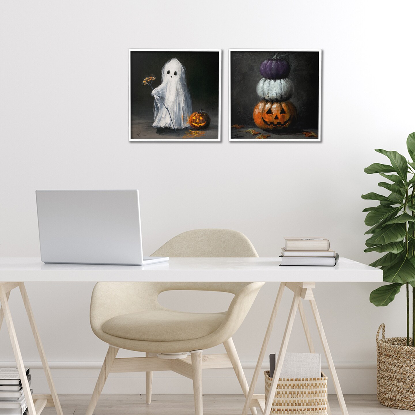 Vintage Halloween Ghost & Pumpkin Stack 2pc Framed Giclee Art Set