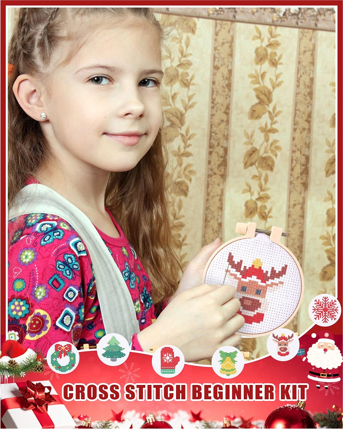Christmas Cross Stitch Beginner Kits for Kids 7-13, Includes 6pcs Project Cross Stitch Pattern and 2pcs Hoops