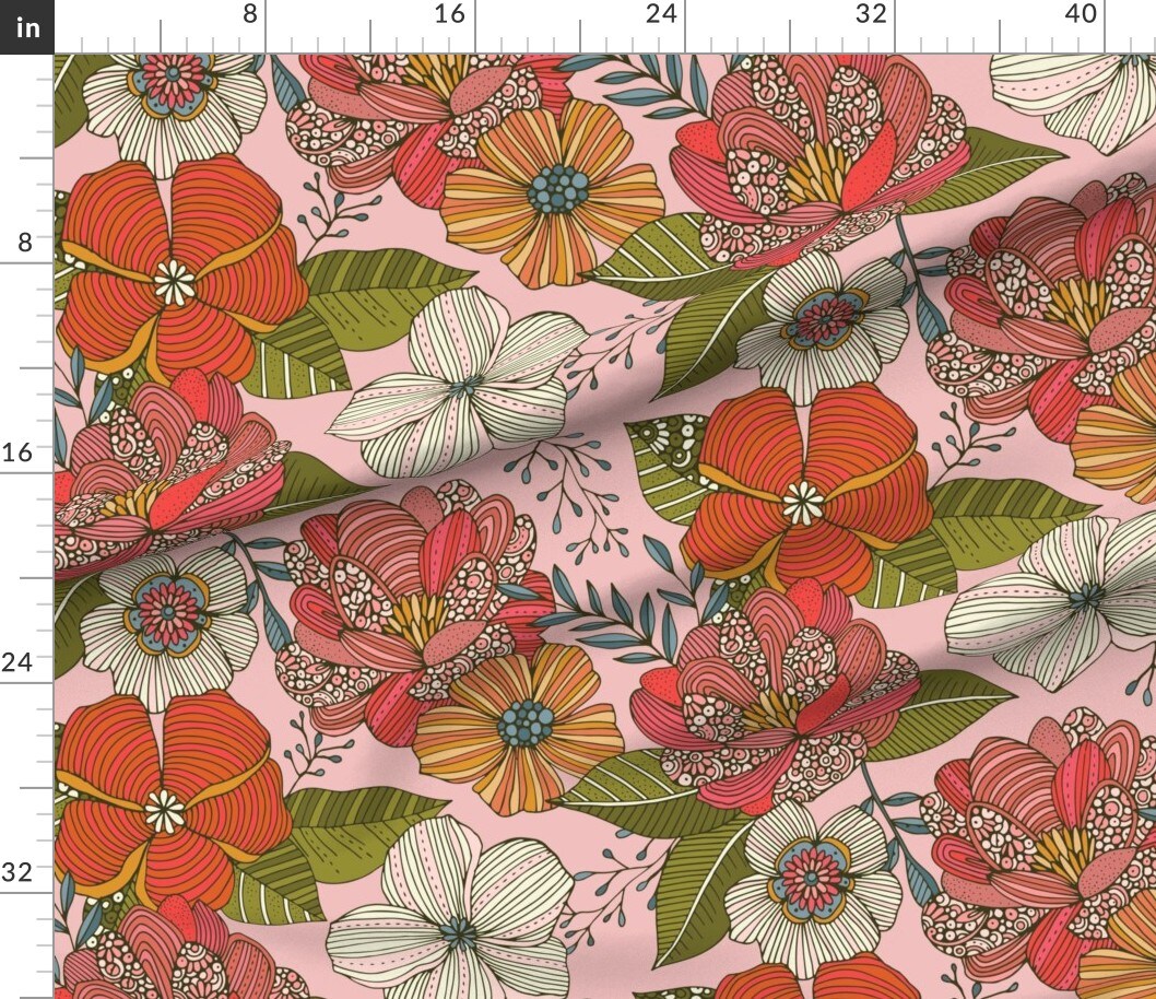 Various Fabrics by the Yard or Fat Quarter Bohemian Floral Hand Drawn Botanical Bold Large Scale Colorful Tropical Retro Whimsical Ecclectic Psychedelic Pen And Ink Art Custom Printed Fabric by Spoonflower