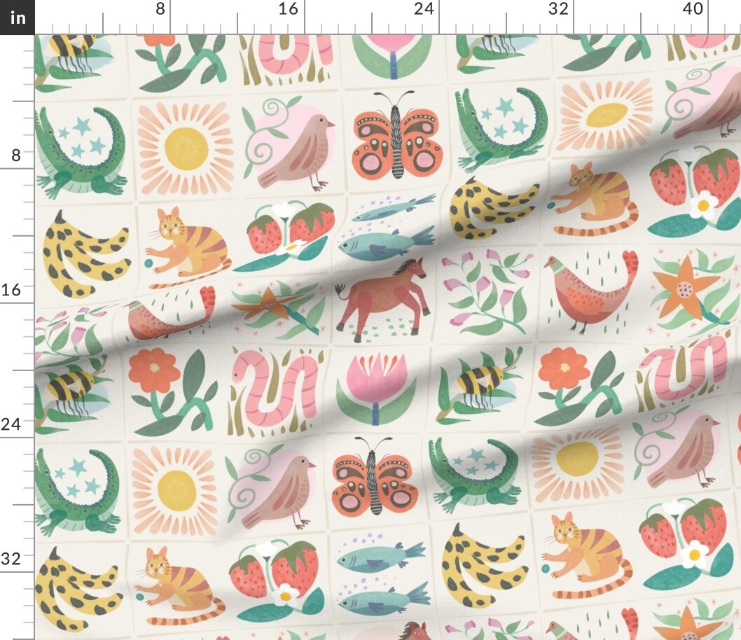 Watercolor Faux Tile Animals Sunshine Cat Berries Horse Kids Classroom Garden Banana Bird Butterfly Playroom Colorful Spring Summer Alligator Custom Printed Fabric by Spoonflower Various Fabrics by the Yard or Fat Quarter