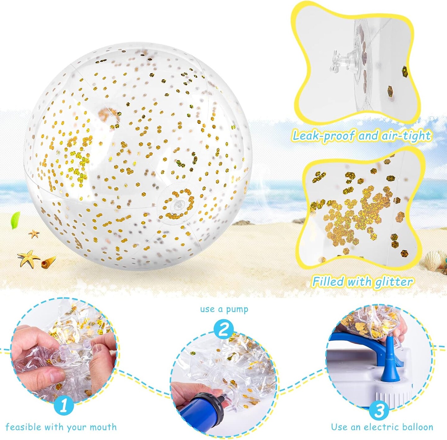 2PCS 16 Inch Summer Glitter Beach Balls (Transparent)