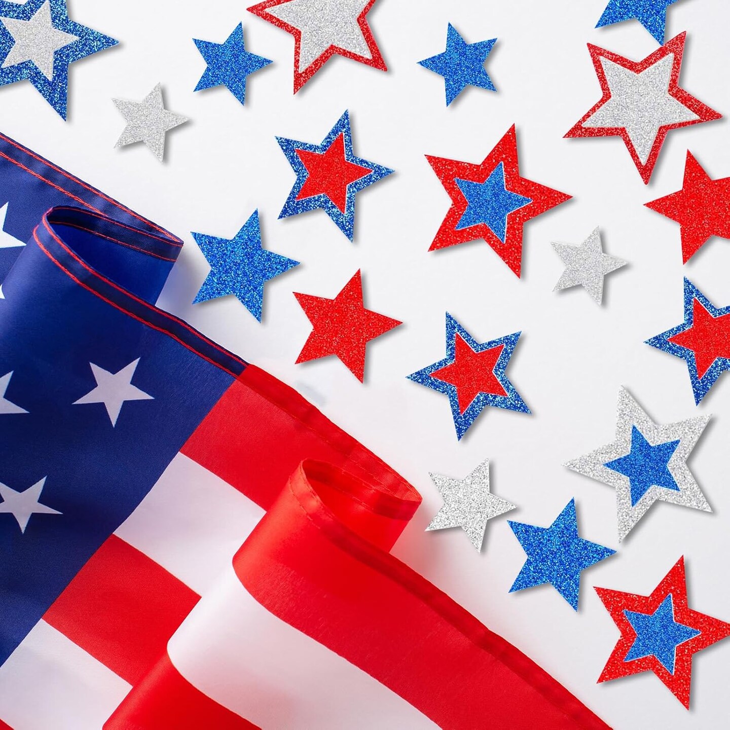 4th of July Self-Adhesive Glitter Patriotic Foam Stars Stickers Red White and Blue