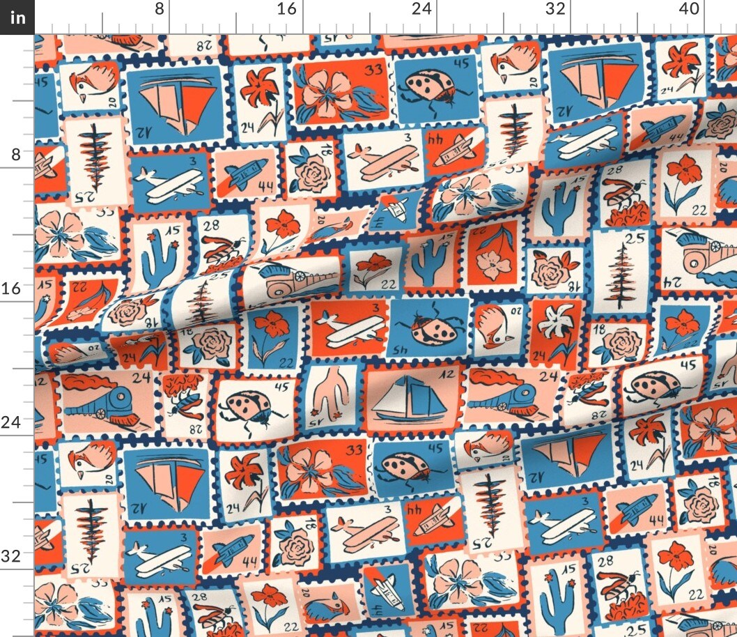 Various Fabrics by the Yard or Fat Quarter Vintage Retro Novelty Mail Stamps Letters Postage Eclectic Stamp Collection Red And Blue Writing Flowers Train Plane Birds Boats Unique Custom Printed Fabric by Spoonflower