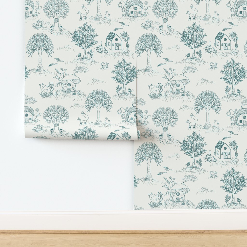 Whimsical Traditional Toile Animals Forest Woodland Trees Fairy House Deer Mushroom Cottagecore Fox Cat Birds Vintage Flowers Playroom Nursery Custom Removable Wallpaper by Spoonflower Peel & Stick Wallpaper 2FT Wide