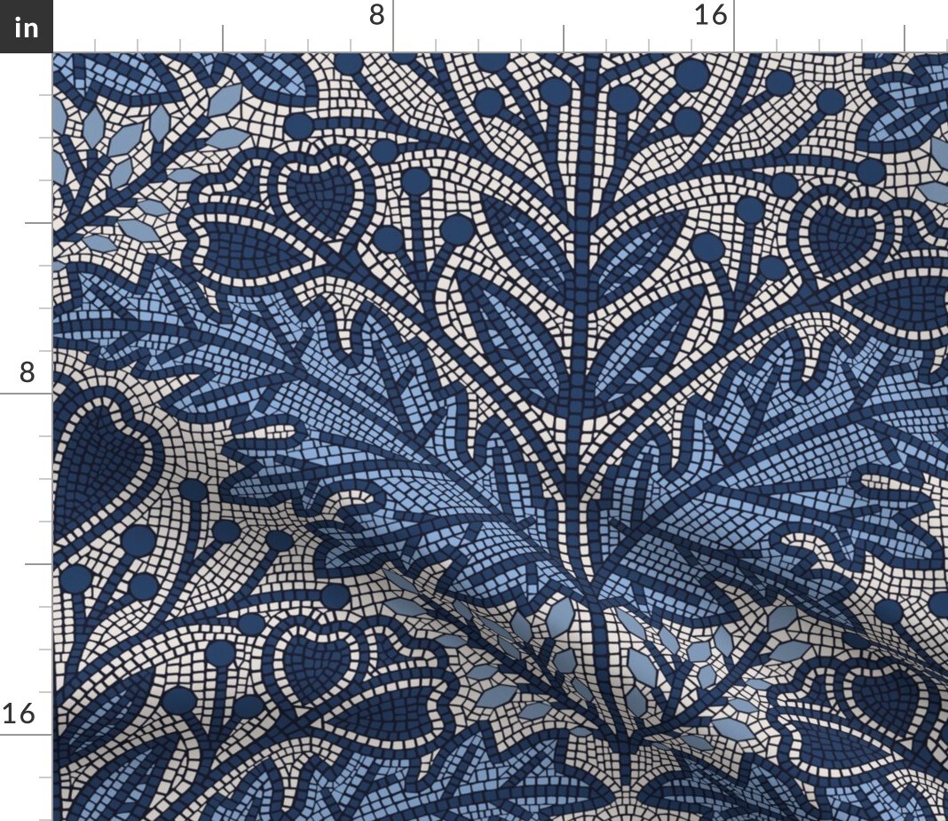 Art Deco Floral Bohemian Nouveau Farmhouse Faux Tile Cottagecore Botanical Nature Leaves Flowers Monochromatic Blue Large Scale European Custom Printed Fabric by Spoonflower Various Fabrics by the Yard or Fat Quarter
