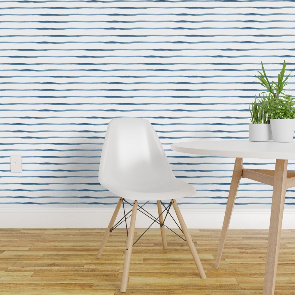 Peel &#x26; Stick Wallpaper 2FT Wide Modern Nautical Coastal Stripe Blue White Baby Boy Custom Removable Wallpaper by Spoonflower