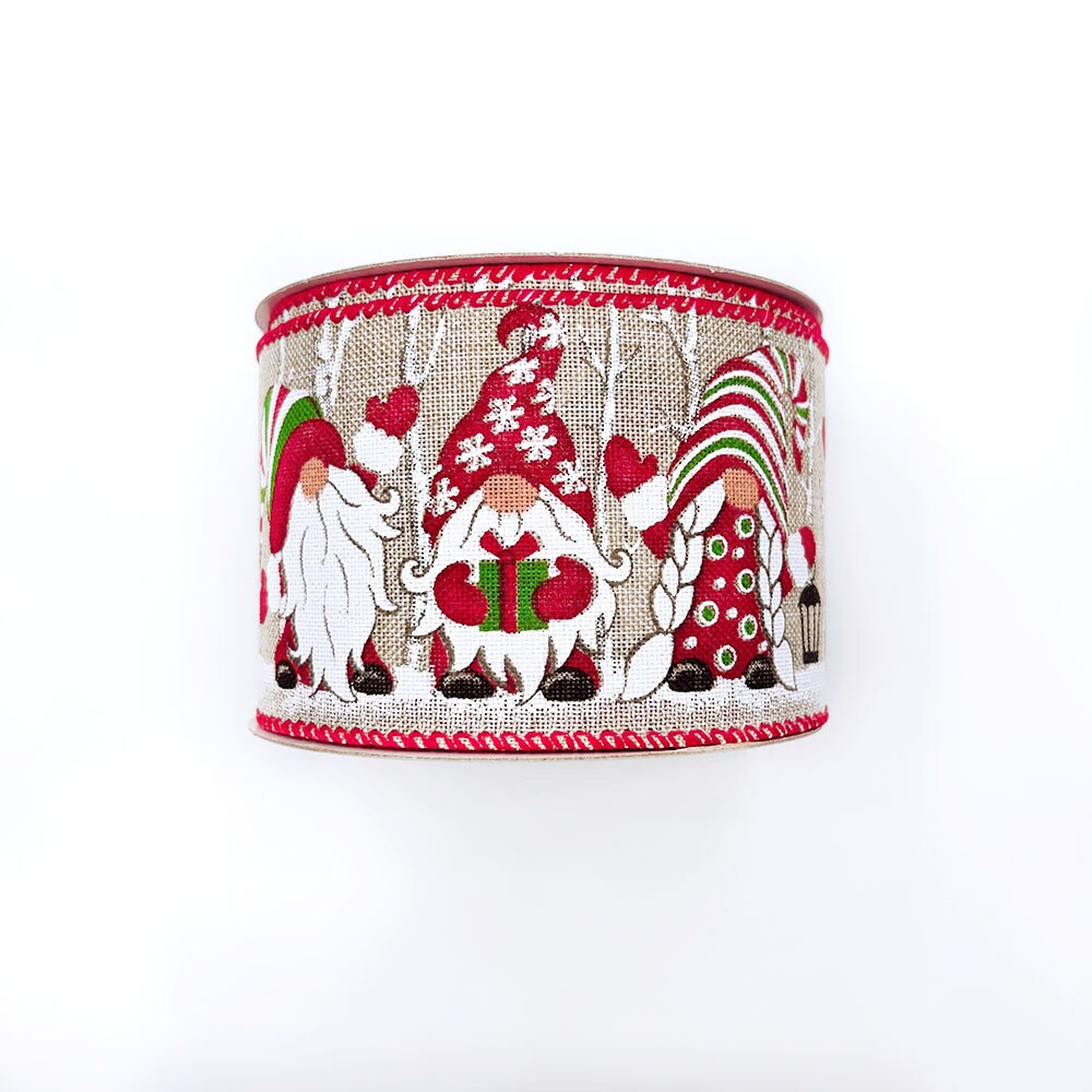 Designer&#x2019;s Shop WR 63-5203 Christmas Gnome Wired Edge Ribbon &#x2013; 2.5&#x22; x 10 Yards &#x2013; Red Green Striped Hats &#x26; Holiday Lanterns on Natural Burlap