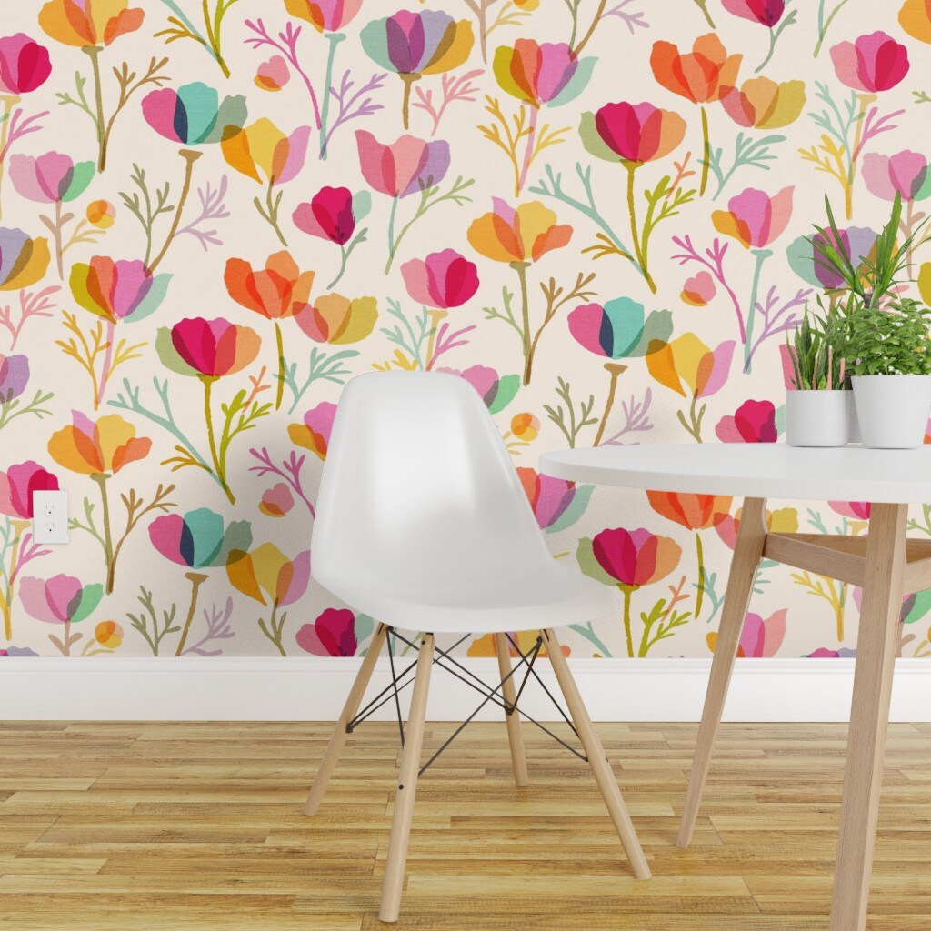 Pre-Pasted Wallpaper 2FT Wide Watercolor Floral Botanical Garden Poppy Mid Century Modern Stained Glass Layered Textured Summer Spring Hand Painted Bloom Flowers Feminine Custom Pre-pasted Wallpaper by Spoonflower