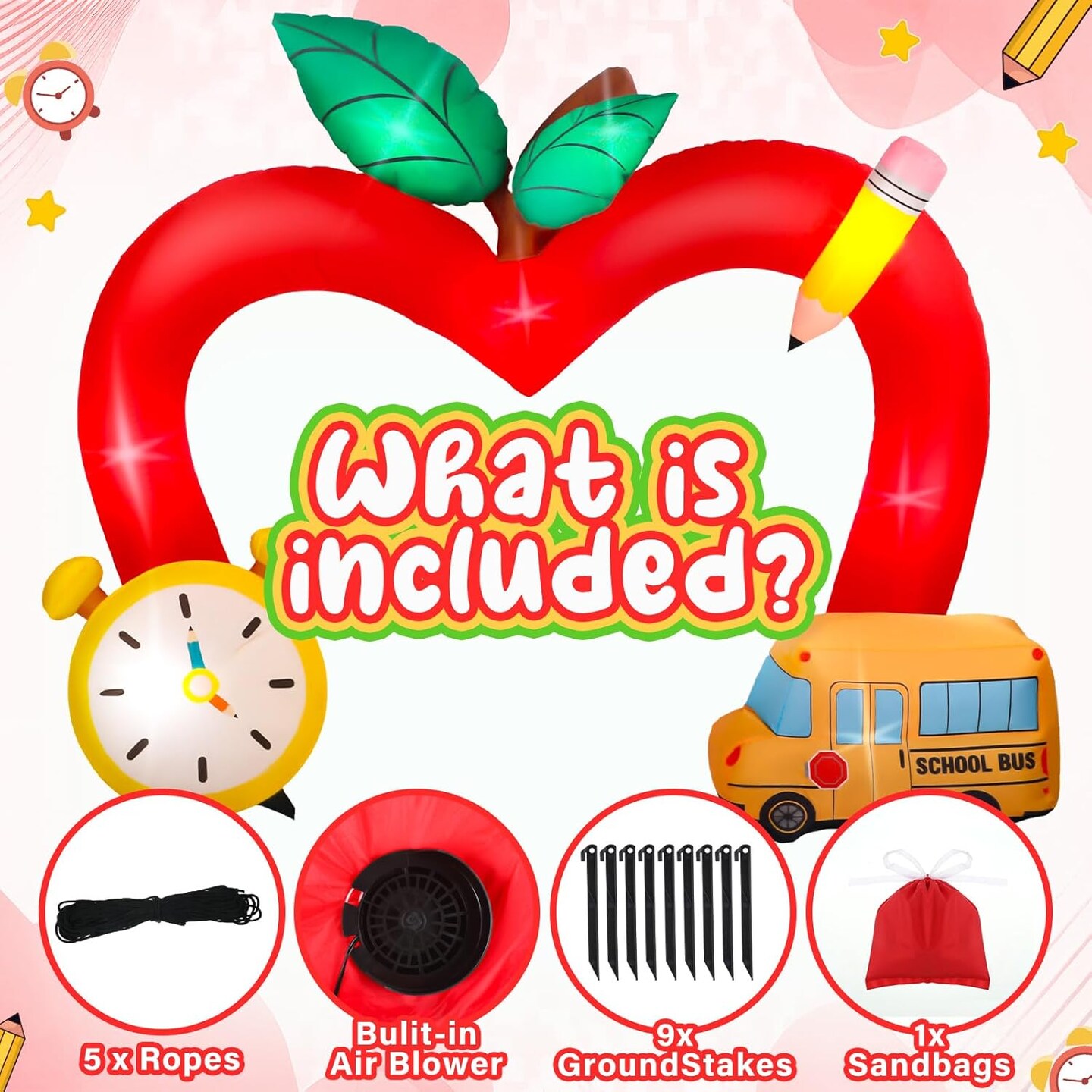 8ft Back to School Apple Inflatable Arch with 4 LED Lights