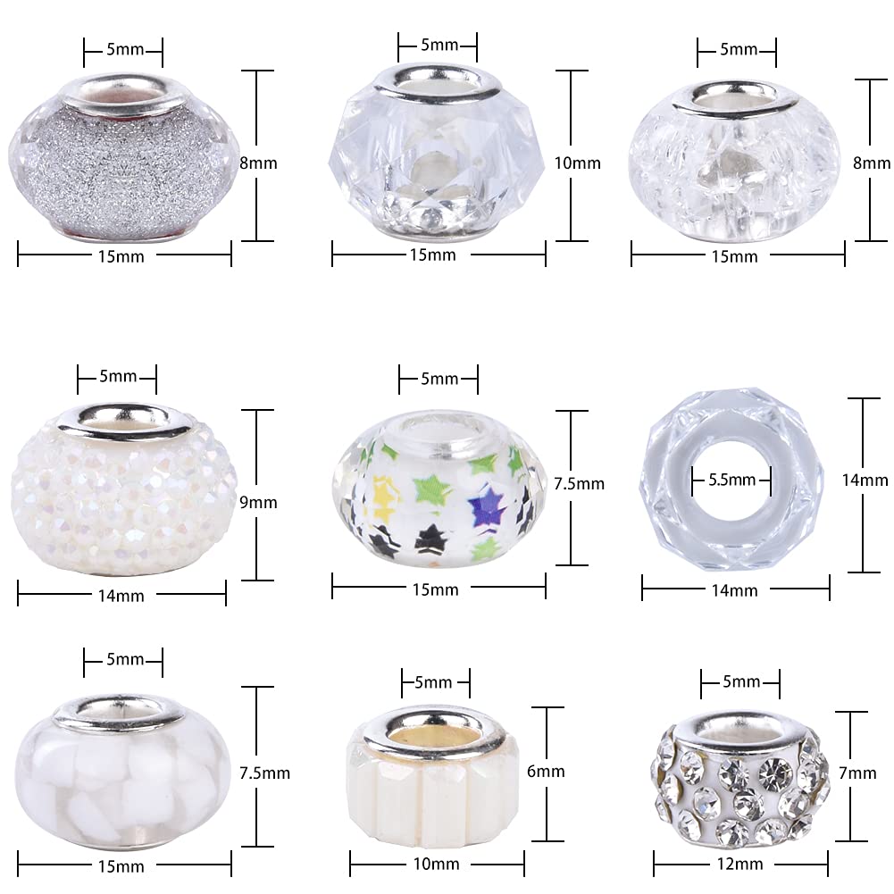 Aipridy Assortment European Large Hole Beads Spacer Beads Rhinestone Craft Beads for DIY Charms Bracelet Jewelry Making (Blue-Red-White)