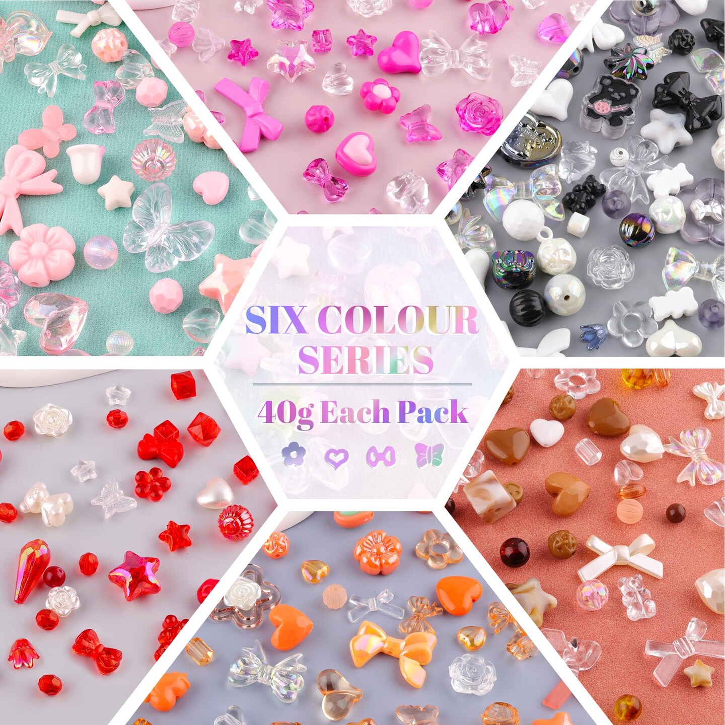 TINKRSTUFF Assorted 260-320PCS Acrylic Beads For Bracelet Making, Flower Bow Butterfly Candy GummyBear Kawaii Aesthetic Beads,Cute Beads For Jewelry Making DIY Necklace Keychain Phone Charms(6 Colors)