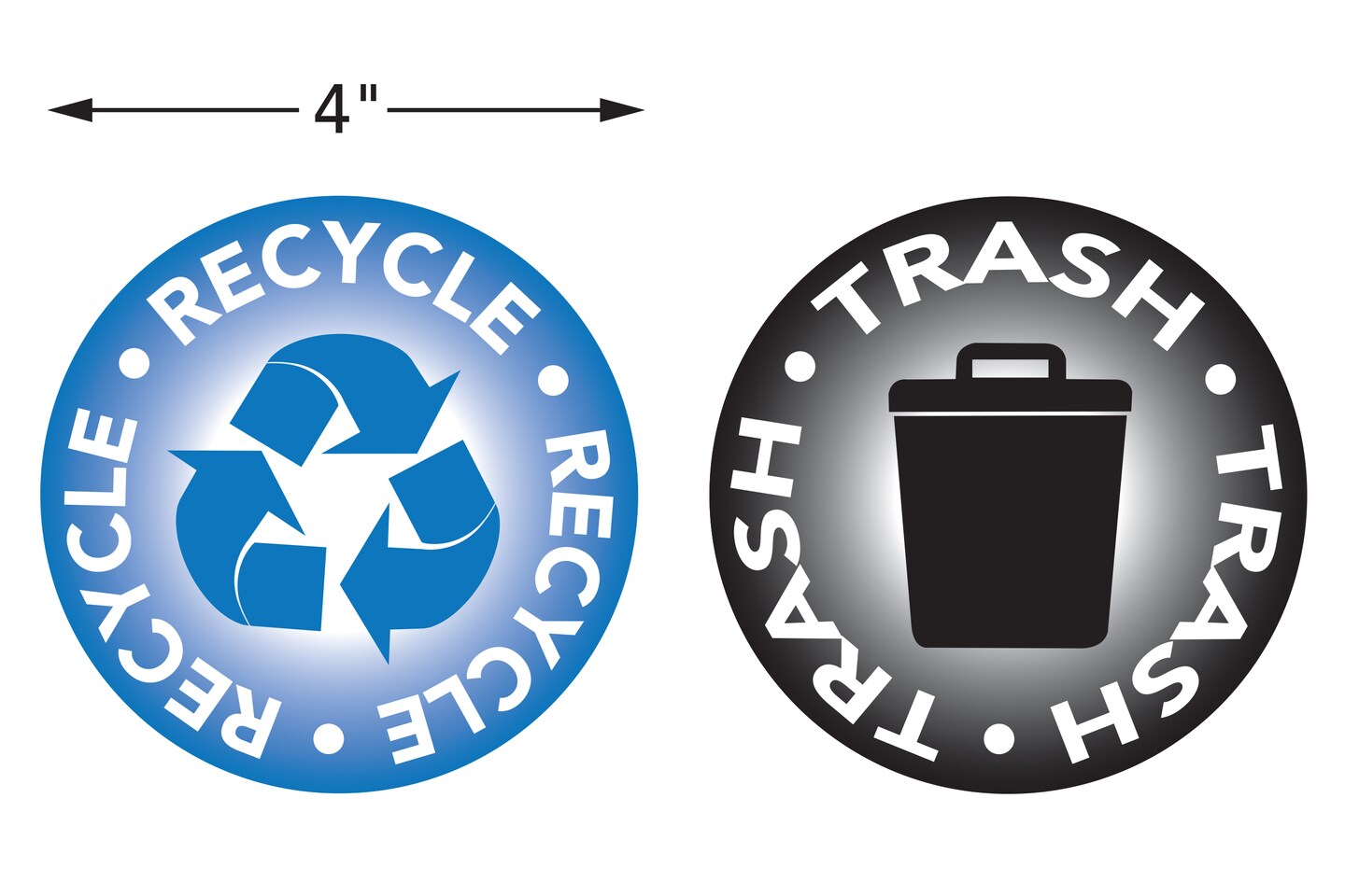 Sign Decals Blue Recycle And Black Trash, 4" Diameter, 2 Count