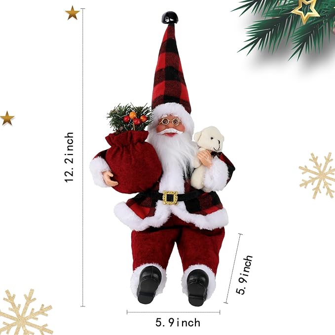 Christmas Sitting Santa Hand Crafted Cute Chic Santa Claus Figurines Doll with Gift Bag and Little Bear Christmas Decoration for Home Office Table Xmas Party Ornament Gift (12 Inch)