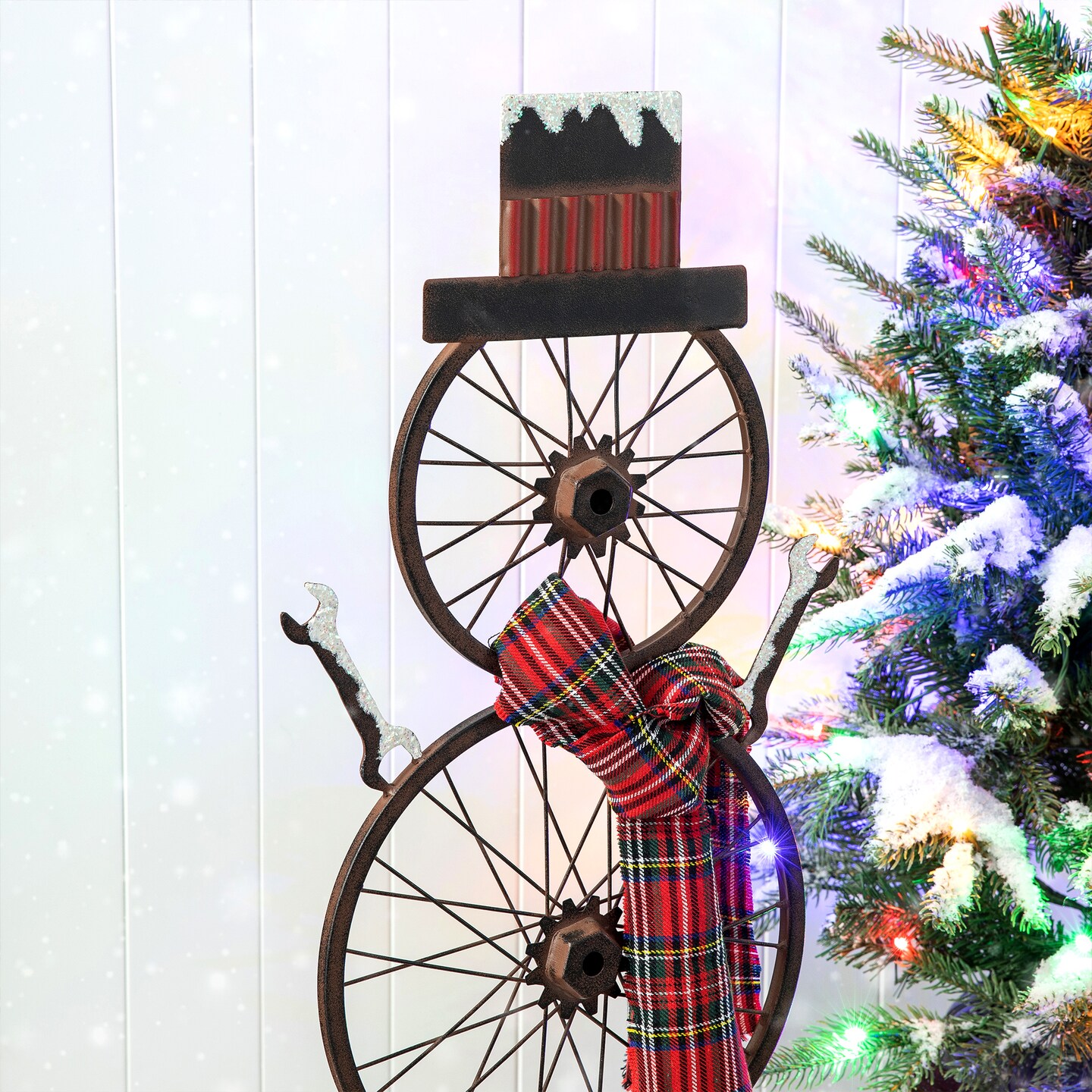 Set of 2 32'''H/34''H Christmas Metal Bike Wheel Snowman Porch Decor