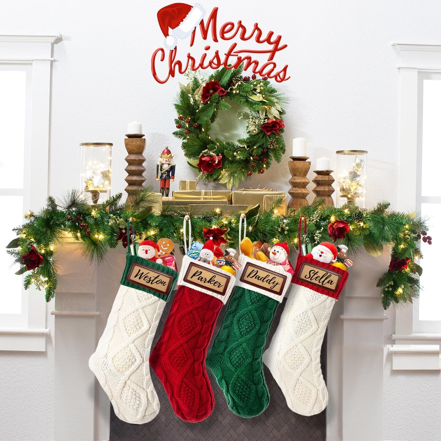 Personalized Christmas Stocking with Leather Patches, Custom Name Family Christmas Stockings, 18&#x201D; Large Knitted Xmas Stockings for Kids, Holiday and Fireplace Party Decoration - 3Pcs RW+GW+WR