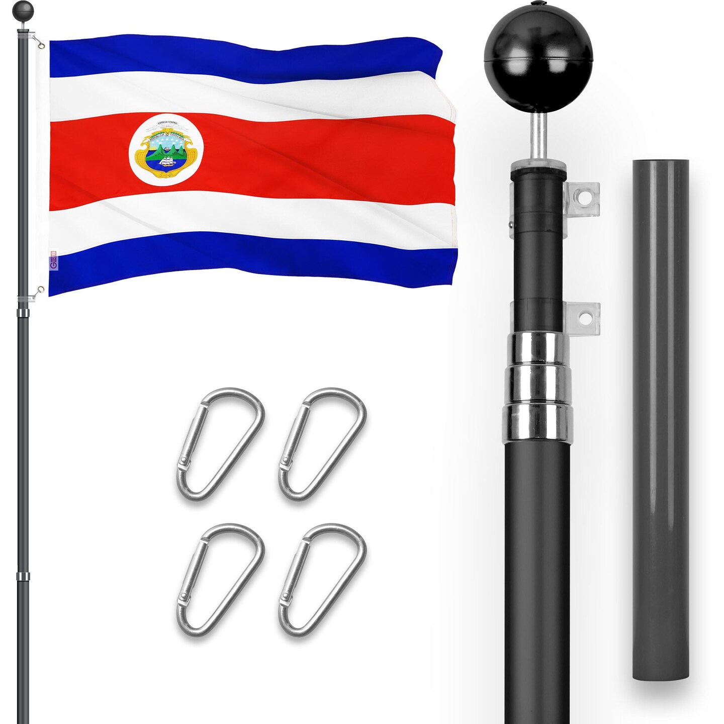 G128 Combo Pack: 16 Ft Telescoping Aluminum Flagpole (Black) & Costa Rica Costa Rican Flag 3x5 Ft, ToughWeave Series Embroidered 300D Polyester | Pole with Flag Included