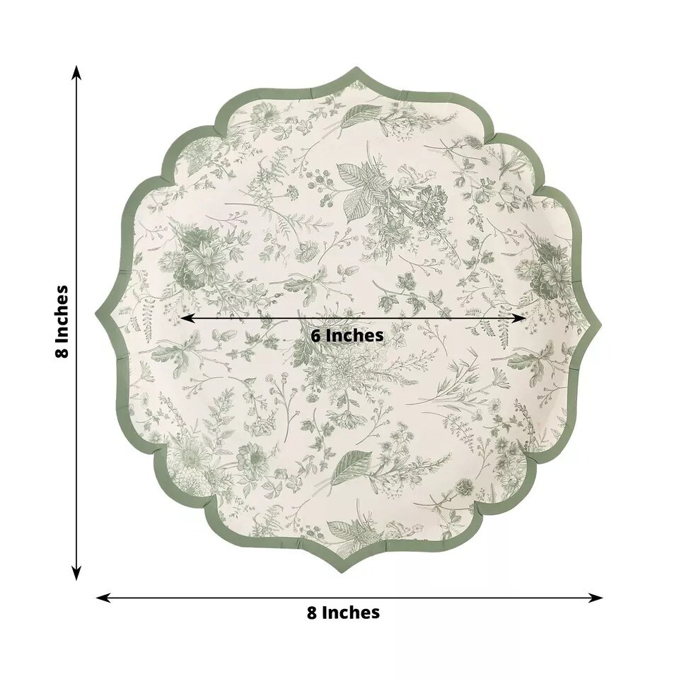25 White Sage Green 10&#x22; Floral Leaf Print Paper Plates Scalloped Rim Party Event