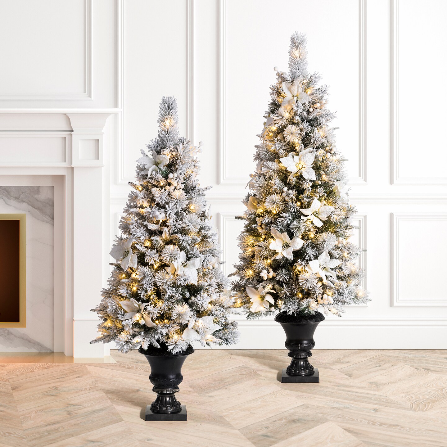4ft/5ft Set of 2 Pre-Lit Pine Artificial Christmas Potted Porch Trees with Warm White Lights