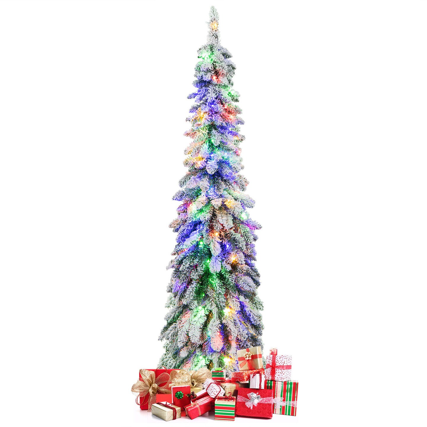 Pre-lit Artificial Christmas Tree Snow-Flocked Slim Pencil X-mas Decor