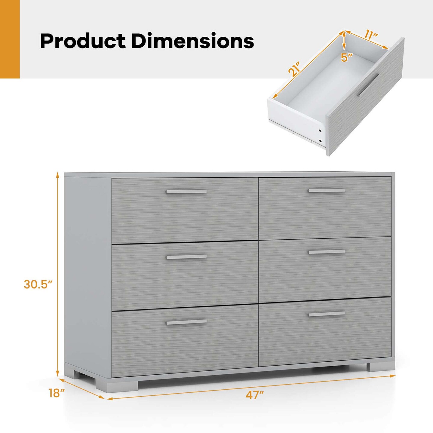 Costway 6 Drawer Storage Cabinet with Metal Legs &#x26; Handles Anti-Toppling Devices