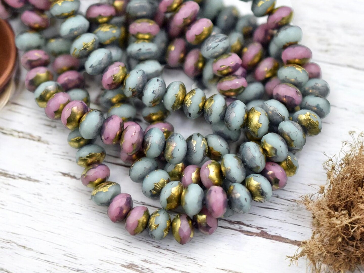 *30* 3x5mm Gold Washed Mixed Pink &#x26; Blue Fire Polished Rondelle Beads