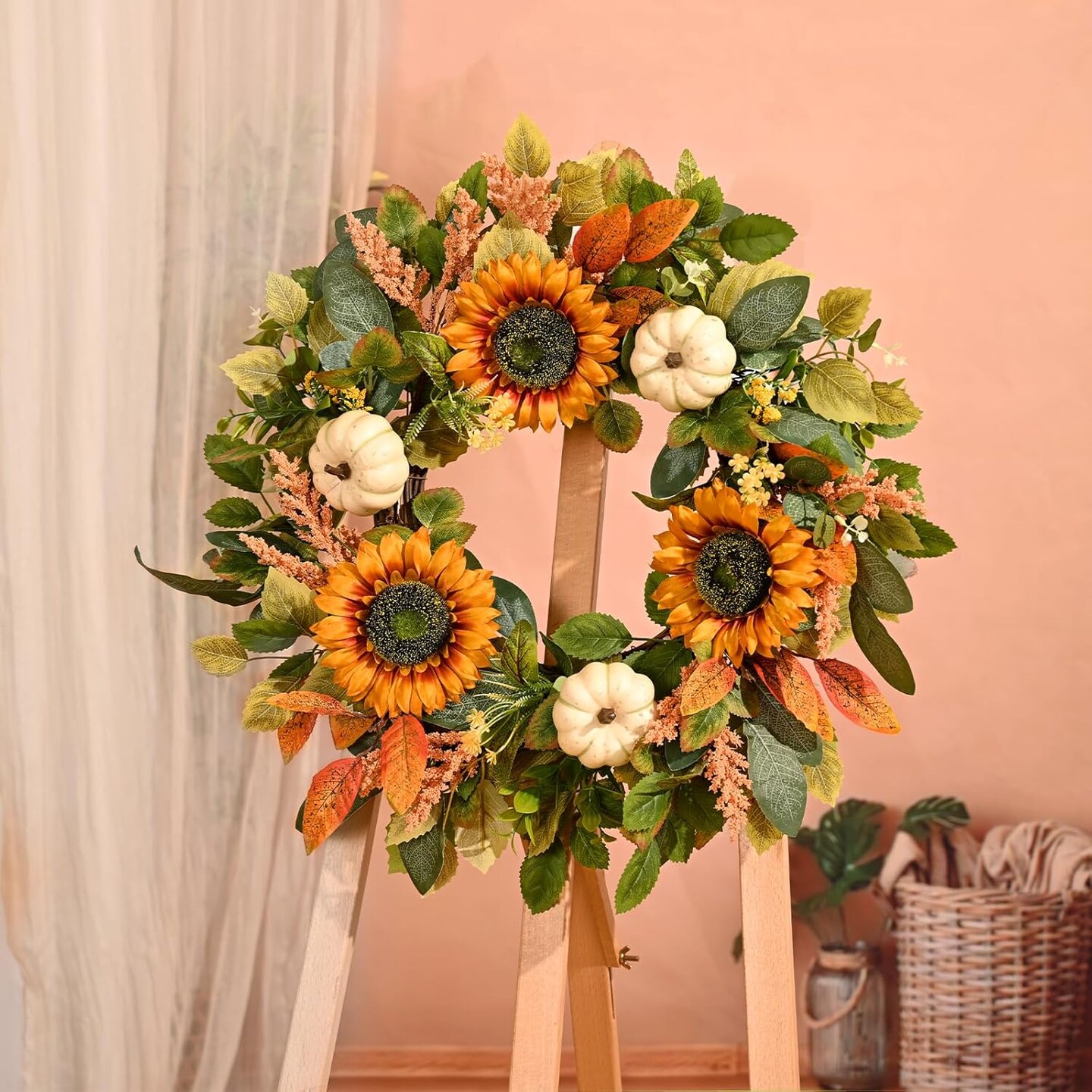 22in Sunflower Fall Door Wreath with Pumpkin