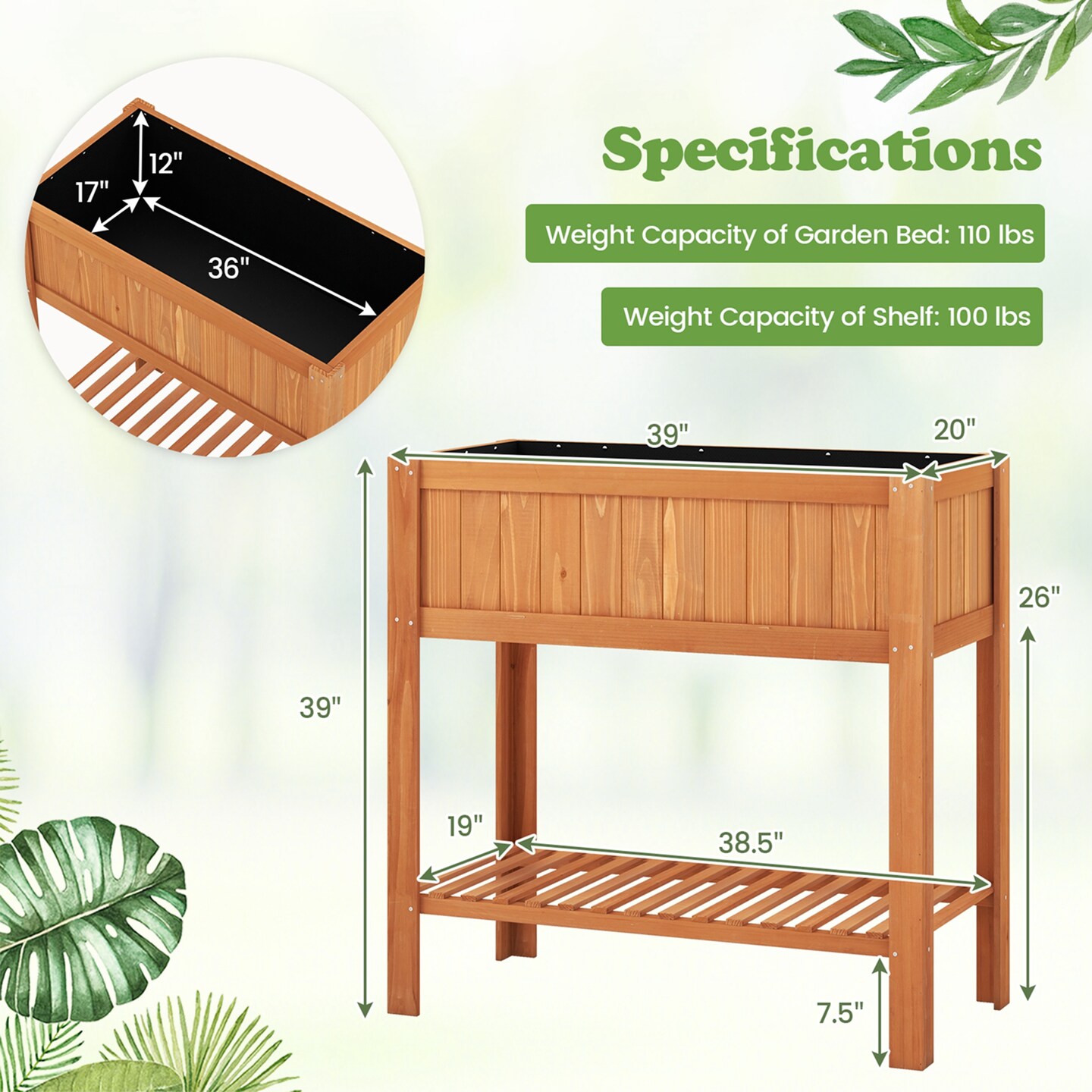 Costway Raised Garden Bed 39 x 20 x 39 in Outdoor Fir Wood Planter Box with Storage Shelf