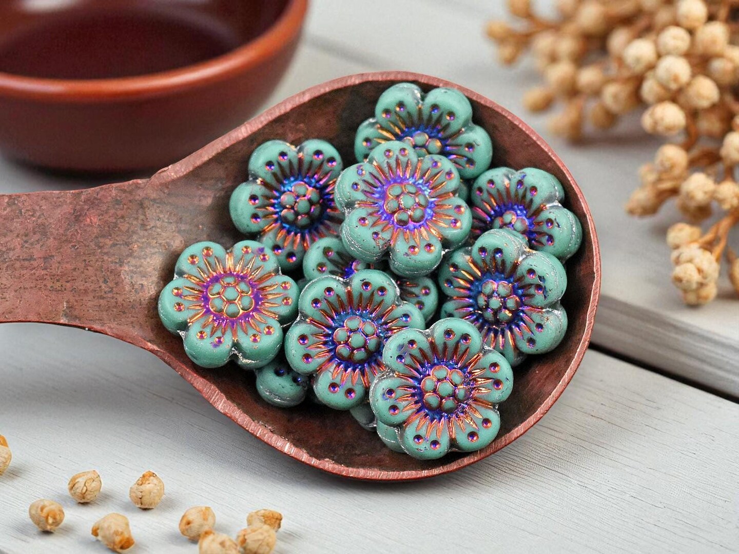 *12* 14mm Matte Opaque Dark Turquoise Sliperit Wildflower Beads