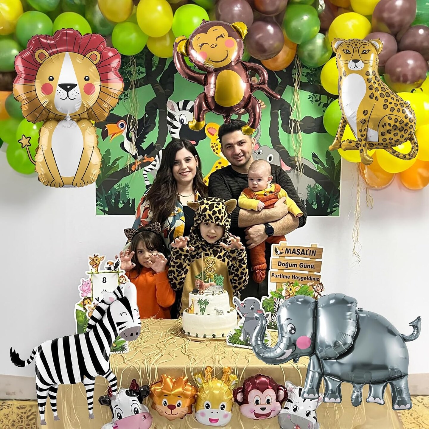 Jungle Safari Animal Foil Balloons – Lions, Zebra, Elephant, Monkey, Leopard for Kids Birthday, Baby Shower, and Safari Party Decorations (Colorful Smiling Animal)