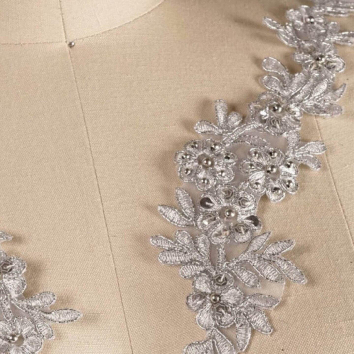 1 Pair Metallic Silver Alencon Lace Appliques with Sequins and Pearls for Gowns and Costumes