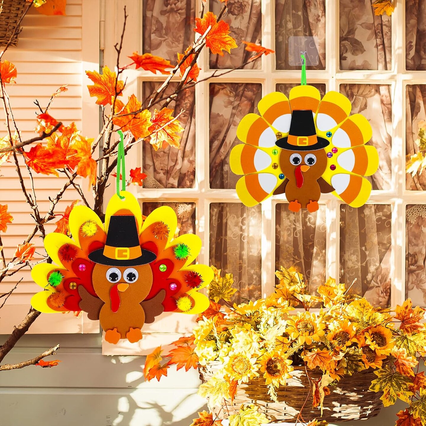 24-Pack Thanksgiving Turkey Craft Kits for Kids – DIY Foam Turkey Ornaments with Feathers, Pumpkin & Leaf Stickers, Googly Eyes, Pom-Poms, and Ribbon for Classroom, Party & Autumn Decorations